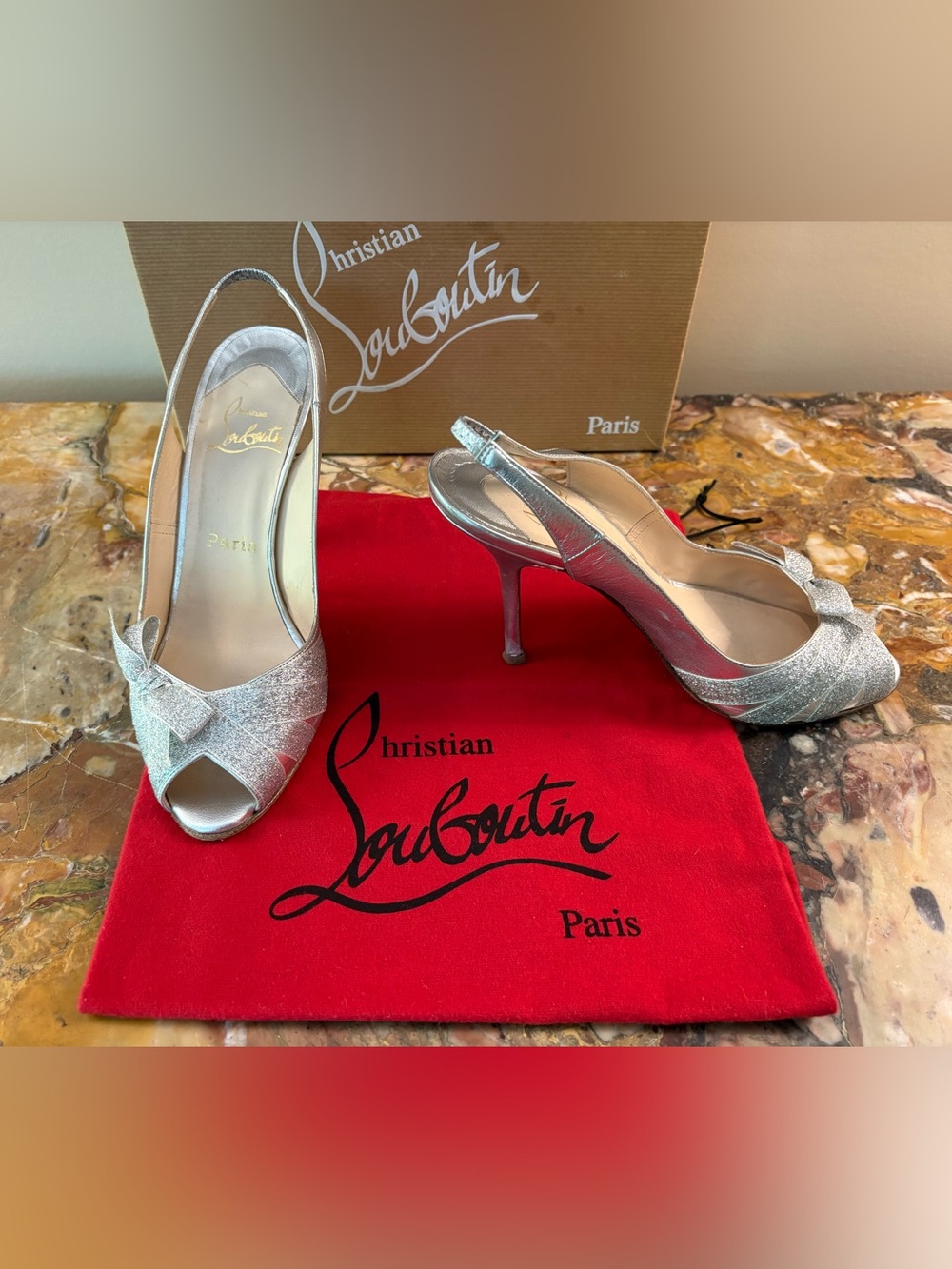 Christian Louboutin Heels Size 38 US 8 Silver Slingback Peep-toe Authentic $1200